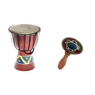 Afbeelding van 30cm Kinder Djembe Drum Bongo Hout Kleurrijk Beschilderd + Rammelaar Schildpad R1