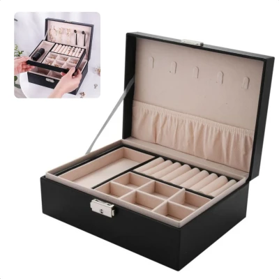 Afbeelding van Cheqo® Sieradendoos Juwelendoos 2 Lagen Organizer 23x17x9 cm Zwart Kunstleer Met Slot