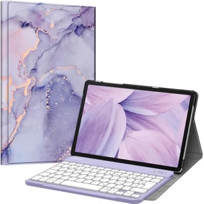 Afbeelding van Fintie toetsenbordhoes voor Samsung Galaxy Tab A9 Plus 11 inch 2023 tablet SM X210/X216/X218, met magnetisch afneembaar Duits bluetooth toetsenbord, paars marmer