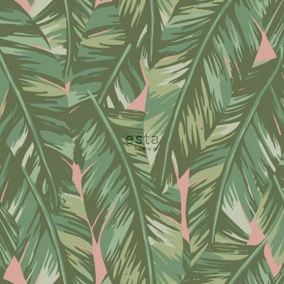 Afbeelding van Leen Bakker ESTAhome Behang Bananenblad Olijfgroen En Roze 53cm X 10,05 M Groen Vlies