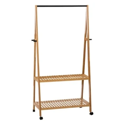 Afbeelding van 5Five Kledingrek met planken en hangstang op wielen bamboe hout lichtbruin B80 x D43 H163 cm