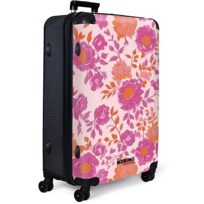 Afbeelding van NoBoringSuitcases.com® Koffer groot Reiskoffer lichtgewicht Paarse bloemen met roze achtergrond Rolkoffer 4 wielen Grote trolley XL 98 liter bagage