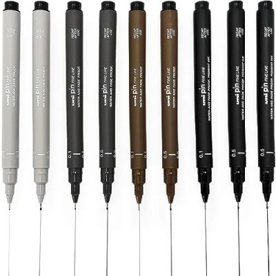 Afbeelding van Uni Pin Fineliner Tekening Pen Schetsset Zwart, Donkergrijs, Lichtgrijs, Sepia 0.1/0.5mm Set van 9