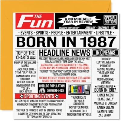 Afbeelding van 37e verjaardagskaarten voor mannen vrouwen geboren in 1987 krant Happy 37 verjaardagskaart broer zus vrienden vintage retro terug 1987, 145 mm x zevenendertig zevenendertigste