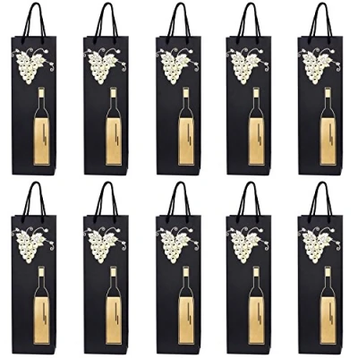 Afbeelding van 10 Flessentasjes, geschenktasjes voor wijn, prosecco en champagne 40 x 12 9 cm wijnstok met wijnfles goud