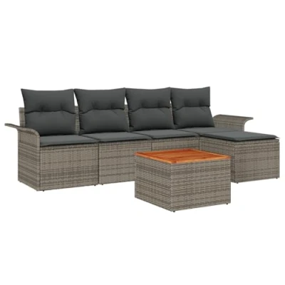 Afbeelding van vidaXL 6 delige Tuin Sofa Set met Kussens Grijs Riet Acacia