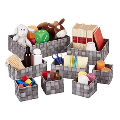 Afbeelding van Relaxdays opbergmand 8 delige set badkamermandje mand opbergbox toiletmand grijs