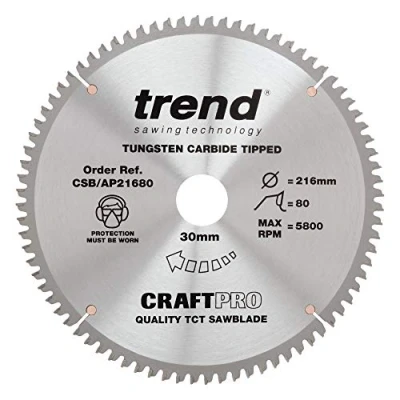 Afbeelding van Trend CraftPro werkblad voor aluminium en kunststof met TCT cirkelzaagblad, 216 mm diameter x 80 tanden 30 asgat, wolfraamcarbide getipt, CSB/AP21680