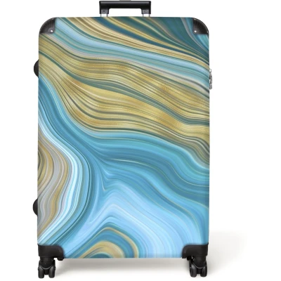 Afbeelding van NoBoringSuitcases.com® Koffer groot Reiskoffer lichtgewicht Marmer Goud Patronen Blauw Marmerlook Rolkoffer met 4 wielen Grote trolley XL 98 liter bagage