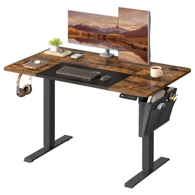 Afbeelding van SONGMICS Elektrisch bureau in hoogte verstelbaar, 60 x 120 (72 120) cm, traploos gesplitst Platte, geheugenfunctie met 4 hoogtes, vintage bruin onderstel zwart LSD015X01
