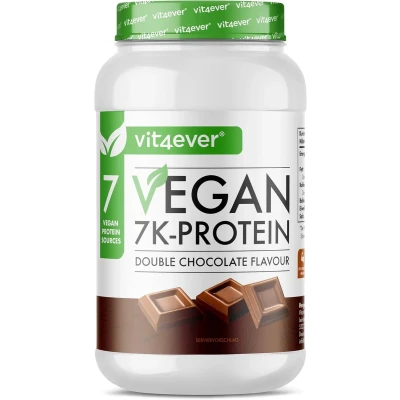 Afbeelding van Vit4ever Vegan 7K Protein 1kg Double Chocolade Smaak Puur plantaardig proteïnepoeder met rijst , amandel soja erwten hennep cranberry en zonnebloemproteïnen