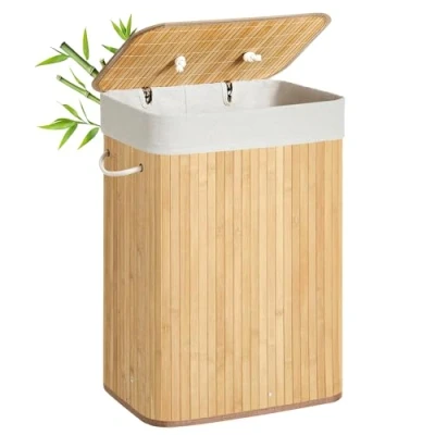 Afbeelding van Songmics XL 72 L Large Bamboo Foldable Laundry Basket Storage Hamper Box with Removable Washable Lining Natural 40 x 30 60 cm