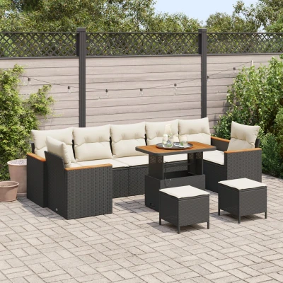 Afbeelding van vidaXL 10 delige Tuinsalonset met Kussens Zwart Poly Rattan Acaciahout