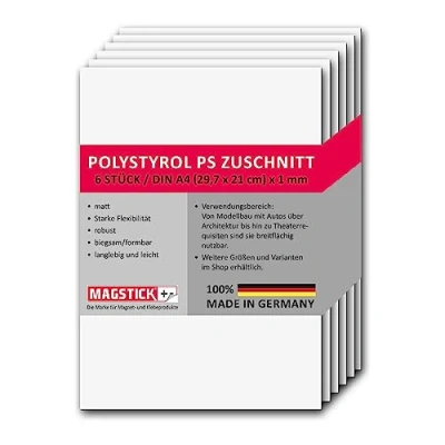 Afbeelding van mag_261 Polystyreen platen, wit, DIN A4, kunststof hardplaten, PS gesneden, 21 x 29,7 cm, 1 mm dik, voor modelbouw, architectuur, doe het zelf, 6 stuks