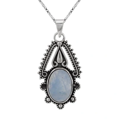 Afbeelding van Zilveren ketting dames met hanger hanger, ovale maansteen sierlijke rand van bolletjes