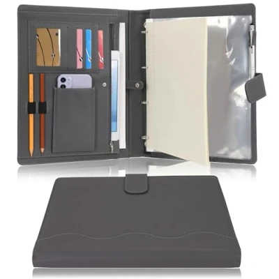Afbeelding van Wonderpool A4 PU lederen 4 ringhouder schrijven portfolio multi document case met verwijderbaar bindmiddel klembord en functionele zak voor organisator kantoor reizen school (grijs)