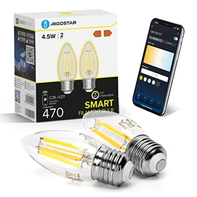 Afbeelding van Aigostar Slimme Lampen 4.5W Wifi Filament Lamp E27 ledlamp C35 Edison Gloeilamp dimbaar 2700K 6500K compatibel met Alexa en Google Assistant, transparant 2 stuks