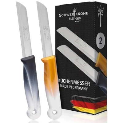 Afbeelding van Schwertkrone Solingen gekartelde messenset, 2 delige set, keukenmessen, groentemessen, universeel mes, scherp, 8,5 cm, lemmet van bandstaal, zwart wit/goud wit