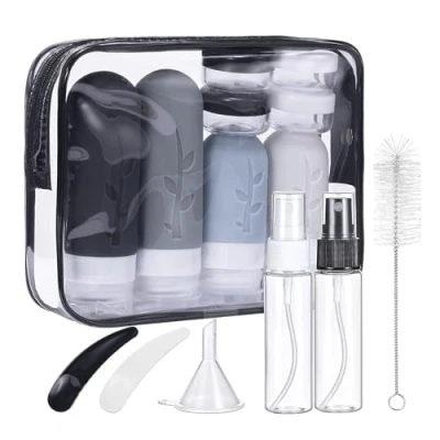 Afbeelding van Mezzar Siliconen reisflessen, 16 stuks reisflessen om te vullen, set voor shampoo, lotion, spoeling, douchegel, reisshampoocontainer, BPA vrij, praktische reisflessenset (zwart)