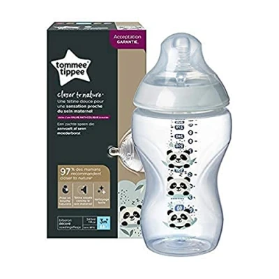 Afbeelding van Tommee Tippee Closer to Nature, babyfles anti koliek ventiel, zachte zuiger, 3 maanden, 340 ml, pip van de panda