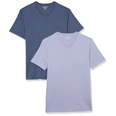 Afbeelding van Amazon Essentials Heren Slim Fit T shirt met korte mouwen en V hals, verpakking van 2 stuks, blauw (Washed Blue/Lavender, Small