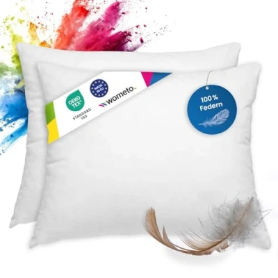 Afbeelding van wometo Oeko Tex Kussens Set van 2 veren 100% 40x50 450g g kussen vulkussen overtrek katoen wit/binnenkussen/kussenvulling/klein hoofdkussen (2 stuks)