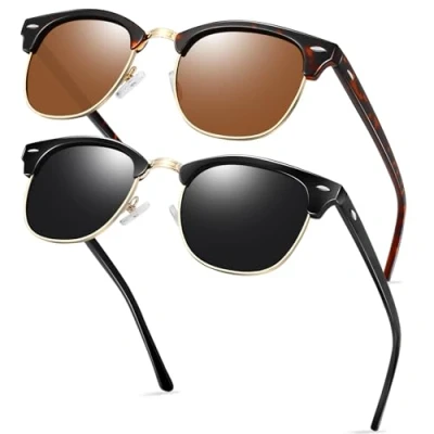 Afbeelding van KANASTAL Gepolariseerd Zonnebril Heren en Dames Retro 2 Paar Half Montuur Metal Zonnebrillen Klassiek Mode Met UV400 Bescherming Trekking Vierkante Unisex Glanzend Zwart Luipaardbruin