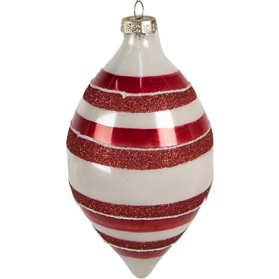 Afbeelding van Clayre &amp; Eef Kerstbal Ø 8x15 cm Rood Wit Glas Kerstboomversiering