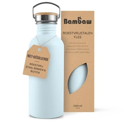 Afbeelding van Bambaw 1 Liter Metalen Waterfles, Herbruikbare Duurzame Drinkfles, Plasticvrij en Lekvrije Roestvrijstalen 1l Eco Waterfles BPA Vrij Ijsblauw