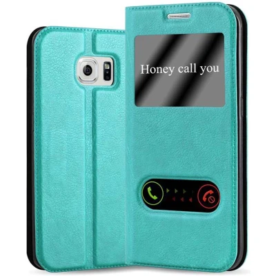 Afbeelding van Cadorabo Hoesje geschikt voor Samsung Galaxy S6 EDGE PLUS in MUNT TURKOOIS Beschermhoes met magnetische sluiting, standfunctie en 2 kijkvensters Book Case Cover Etui