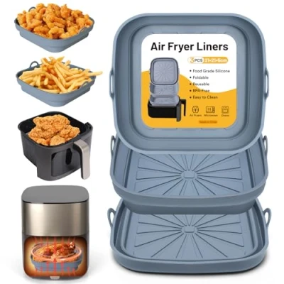 Afbeelding van Alyvisun Air Fryer Siliconen Pot, 3 Stuks Airfryer Liners Herbruikbare Heteluchtfriteuse Pan Mand Vierkant Opvouwbare Tray Rack Basket Accessoires voor Lucht Frituur, Magnetron, Oven (Grijs)