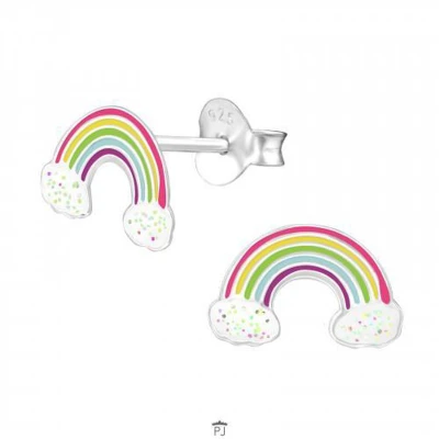 Afbeelding van Oorbellen meisje zilver Zilveren oorstekers, regenboog en wolkjes met glitters