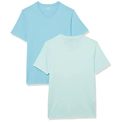 Afbeelding van Amazon Essentials Heren Slim Fit T shirt met korte mouwen en V hals, set van 2 stuks, aquablauw blauw/lichtblauw, XX Large