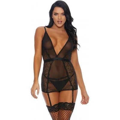 Afbeelding van A Sheer Thing Nightgown with Suspender Straps and Tights L