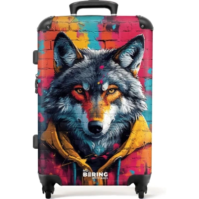 Afbeelding van NoBoringSuitcases.com® Koffer groot Rolkoffer lichtgewicht Kleurrijke vos met jas in graffiti stijl Reiskoffer 4 wielen Grote trolley XL 20 kg bagage