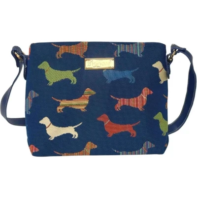 Afbeelding van Schoudertas luxe gobelinstof Dachshund Teckel Donker blauw