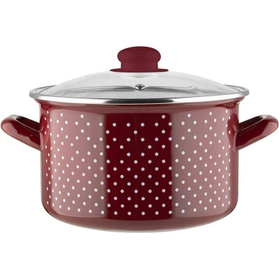 Afbeelding van Emalia Retro Red klassieke geëmailleerde kookpan met glazen deksel 22 cm 5.3L rood / wit
