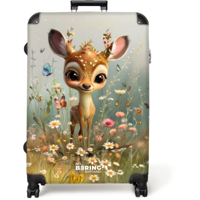 Afbeelding van NoBoringSuitcases.com® Koffer groot Reiskoffer lichtgewicht Jong hertje in kleurrijke bloemenweide Rolkoffer met 4 wielen Grote trolley XL 98 liter bagage