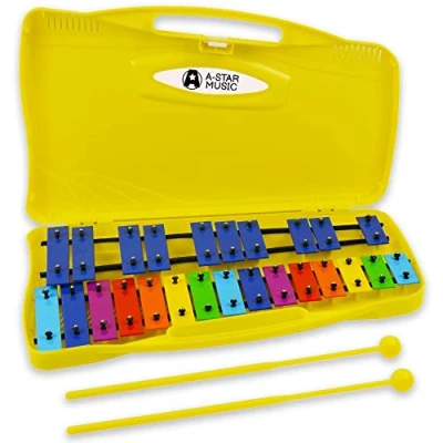 Afbeelding van A Star 25 Note Kleurrijke Rainbow Key Sopraan Chromatisch Glockenspiel Xylofoon in gele koffer met twee plastic kloppers 2 octaven G5 tot G7