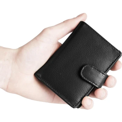 Afbeelding van Pasjeshouder Uitschuifbaar Zwart Leer Creditcard Houder RFID Anti Skim Muntgeld Ritsvak