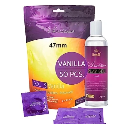 Afbeelding van VIBRATISSIMO Condooms XXS Vanilla 50 pack &amp; glijmiddelset I met aroma voor mannen dunne wanddikte en gearomatiseerd authentiek gevoel b=47mm