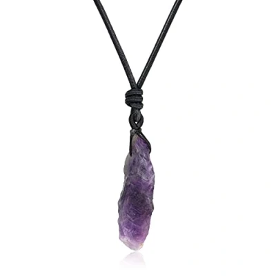 Afbeelding van COAI Uniseks leren ketting met hanger van ruwe edelsteen, Leer Amethist leer,
