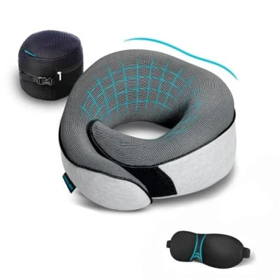 Afbeelding van Proglobe orthopedisch nekkussen Reisnekkussens voor vliegtuigen, Memory Foam Kit, geüpdatet rustmateriaal, vliegtuigreisset met oogmaskers 3D contouren, oordopjes en luxe nettas (Grijs)