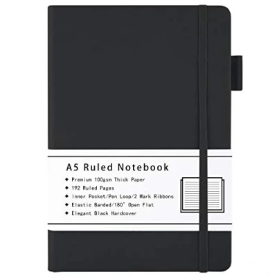 Afbeelding van A5 Notitieboek, gelinieerd, met hardcover gevoerd dagboek dik premium 100 g/m² papier, 192 pagina&#039;s, binnenvak, penlus, elastiek, kunstleren bekleding, 14,5 x 21,3 cm (zwart)