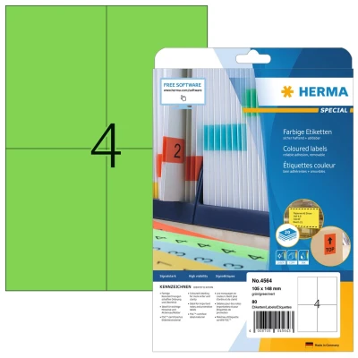 Afbeelding van HERMA 4564 Gekleurde etiketten A4 groen 105x148mm papier verwijderbaar 80st.