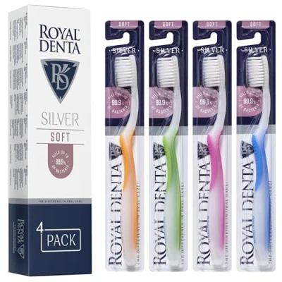 Afbeelding van Royal Denta Zilveren tandenborstels met zachte haren, 4 stuks, borstel voor gevoelige tanden, dubbele lengte interdentale reiniging, zilverdeeltjes om bacteriën te voorkomen,