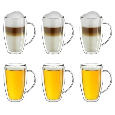Afbeelding van Creano Theeglas, koffieglas, dubbelwandig, thermisch glas, met handvat, groot, van borosilicaatglas, 6 x 250 ml