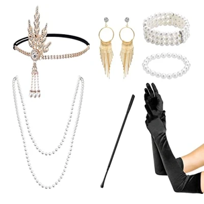 Afbeelding van PFLYPF 7 delige set van 1920, leuke Gatsby accessoires voor dames, jaren 20 gemaskerd bal, vrijgezellenfeest, bruid, vintage accessoires, zwart, One size