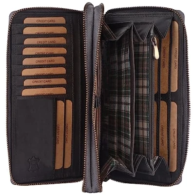 Afbeelding van Benthill Dames portemonnee echt leer XXL groot met RFID bescherming vintage damesportemonnee veel kaartvakken incl. geschenkdoos, grijs