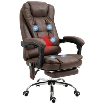 Afbeelding van Vinsetto bureaustoel met massagefunctie, ergonomische lig en warmtefunctie, in hoogte verstelbaar, computerstoel voetensteun, zijzak afstandsbediening, bruin